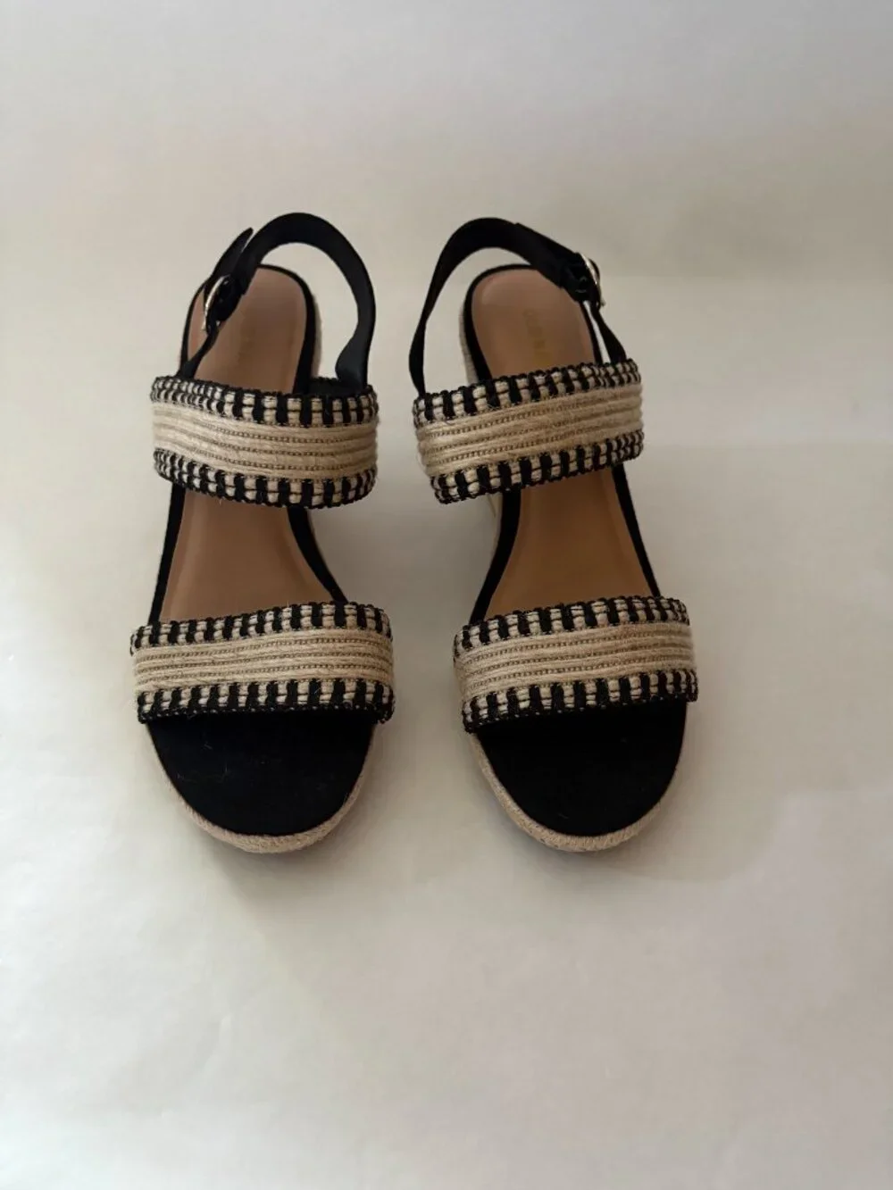 New Boho Black Beige Woven Heeled Wedges Sandals Ankle Strap Size 9